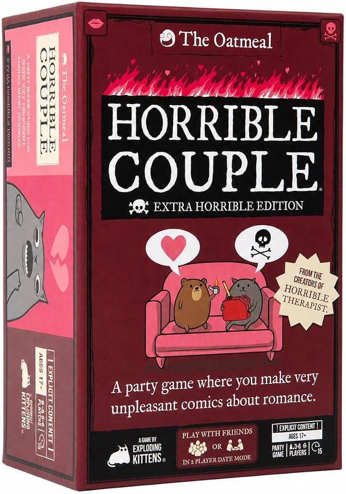 Exploding Kittens Horrible Couple Extra Horrible, for 2-8 Players, Age 17+ | Create darkly funny comics with questions, responses, and absurd compromises. Play as a couple or with friends! Adults only!