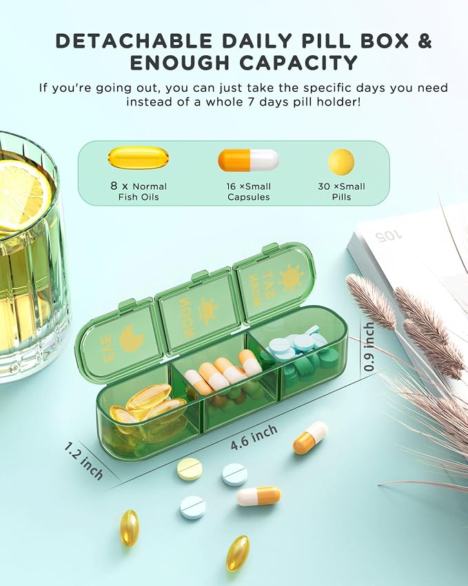 Pill Organizer 3X A Day, Weekly 7 Day Pill Box 3 Times A Day, Acedada Daily Travel Pill Case with 21 Compartments, Portable Medicine Organizer Container for Vitamin Fish Oil Supplement, Green