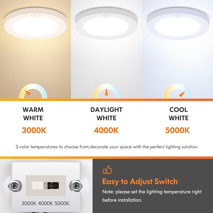 7.5 Inch Wired Motion Sensor Ceiling Light for Hallway 2 Pack | 3000K/4000K/5000K Adjustable, Non-Dimmable Motion Sensor Light Indoor for Laundry, Garage, Stairs, with Timer, 15W 1200LM
