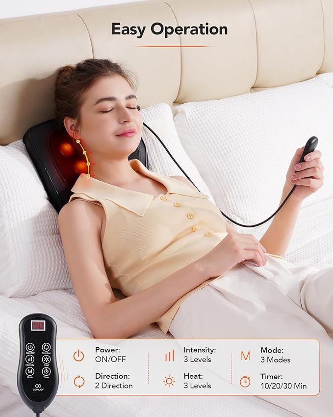 Back Massager with Heat, Neck Massager for Pain Relief Deep Tissue 3D Shiatsu Kneading Electric Massage Pillow for Whole Body Relaxation, Home, Car, Office Use, Gifts for Mom, Dad, Women, Men