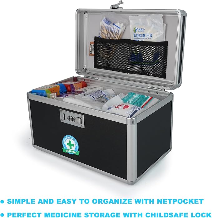Medication Lock Box with Combination, Lockable Medicine Storage Box, Empty First Aid Box, Security Lock Box, Medical Organizer, Multipurpose Locking Box for Home and Outdoor (Black, Medium)