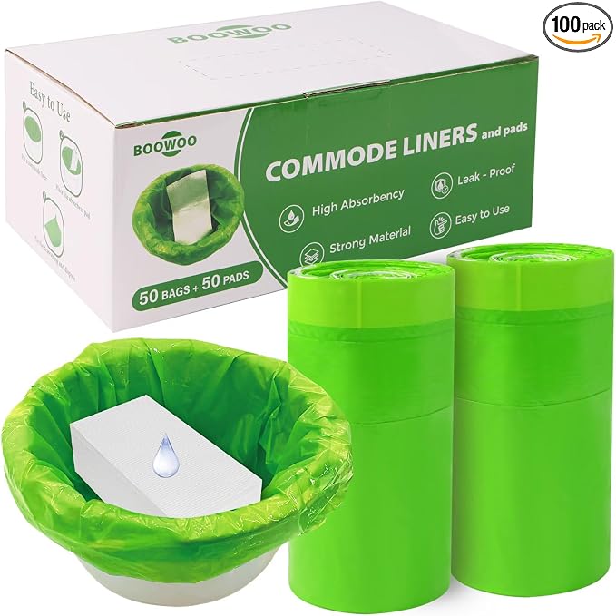 Commode Liners with Absorbent Pad, Universal Fit for Commode/Camping Toilet | 50Bags+50Pads, Leakproof, Drawstring Closure for Easy Disposal, 1000ml Absorbency, Versatile for Seniors Home Care, RV Trip