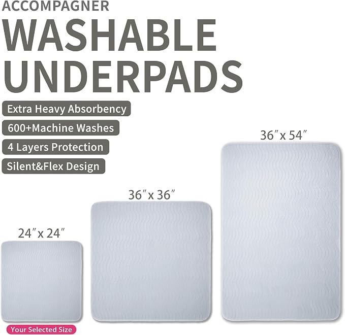 Accompagner Incontinence Bed Pads Washable Waterproof, Ultra-Absorbent Reusable Underpads for Diaper Changing, Nursing, Bedridden, Adults, Seniors, Kids and Dogs (Pearl Gray, 24"x24"(Pack of 4))