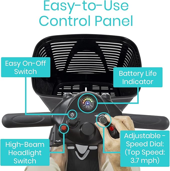 Vive 3 Wheel Mobility Scooter - Electric Powered Mobile Wheelchair Device for Adults - Folding, Collapsible and Compact for Travel - Long Range Power Extended Battery with Charger and Basket Included