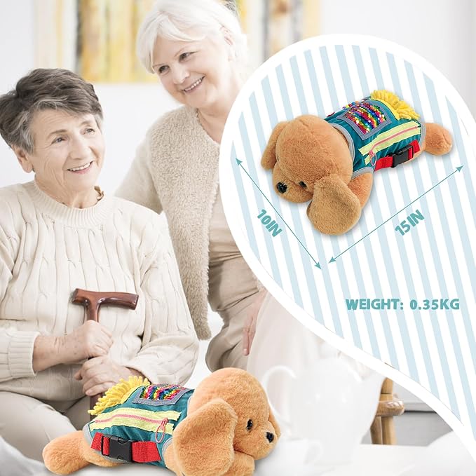 Fidget Blanket for Alzheimer Fidget Blanket for Adults for Anxiety Relief | Puppy Fidget Blanket with Many Activities Gift Fidget Sensory Blanket with Lovely Dog, Brown