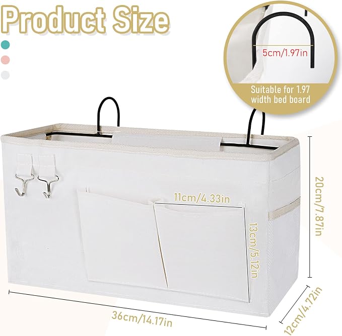 Bedside Caddy Organizer Hanging Storage Bag Bunk Bed 2Pack White | Bed Caddy with Magazine Water Bottle Phone Holder for College Dorm and Hospital Beds