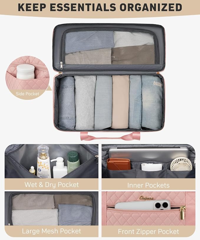 Weekender Bags for Women, Wide Open Large Travel Duffle Bag with Shoe Compartment, Overnight Hospital Bag For Women Labor Delivery, Carry on Bag Personal Item Travel Bag with Wet Pocket (Pink)