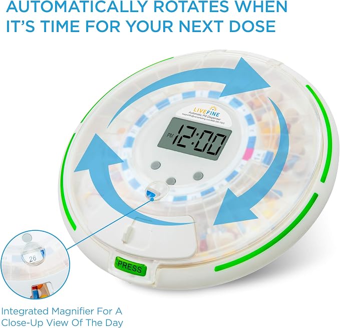 LiveFine Automatic Pill Dispenser, 28-Day, 9 Dosage Rings, 30-Min Alarms | Portable, battery-powered organizer for prescriptions and vitamins - locks with a manual key for safe travel