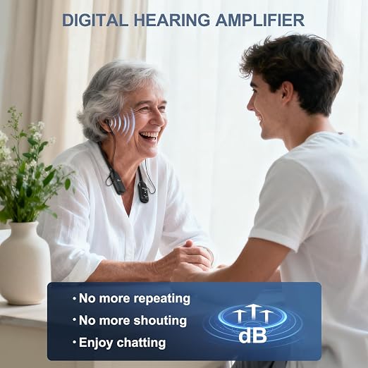 WallarGe Rechargeable Neckband Hearing Amplifier for Conversation or TV Watching, Digital Hearing Amplifier for Seniors Adults with Volume Control, Bluetooth Earphones for Seniors