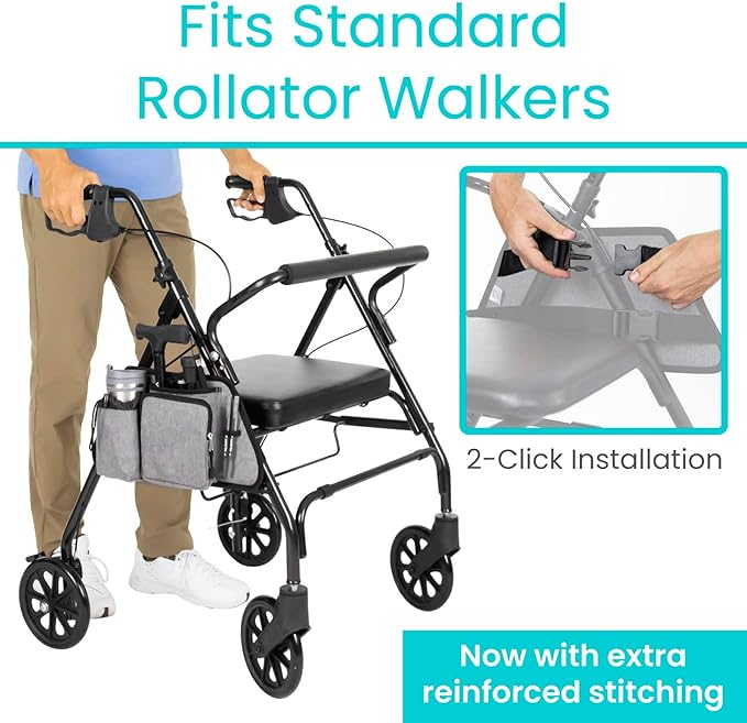 Vive Side Bag for Rollators, Wheelchairs, Walkers - Tote Organizer with Phone Pocket - Storage Travel Pouch - Small Hanging Stroller Accessories for Women, Men, Seniors - Non Slip Cup Holder