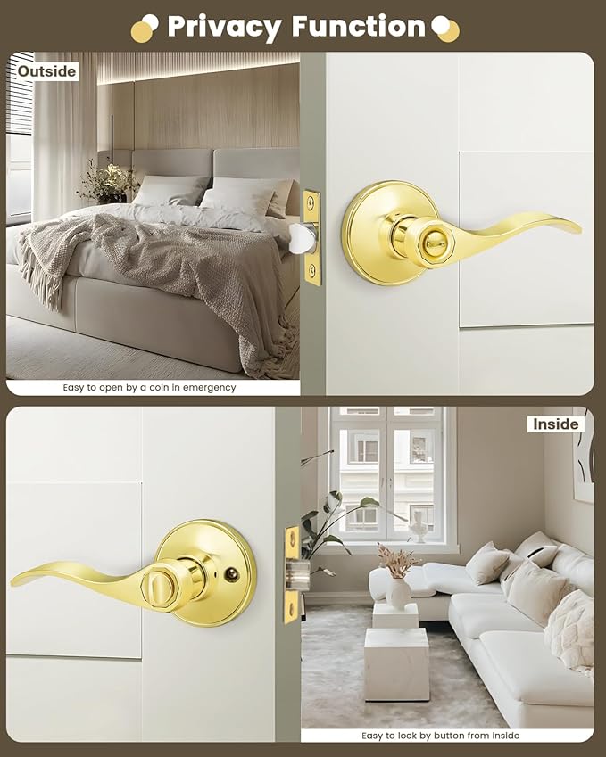 Gobrico Wave Style Privacy Door Levers in Polished Brass/Bedroom and Bathroom Handles Locksets with Drop Handles/10 Set Contractor Pack