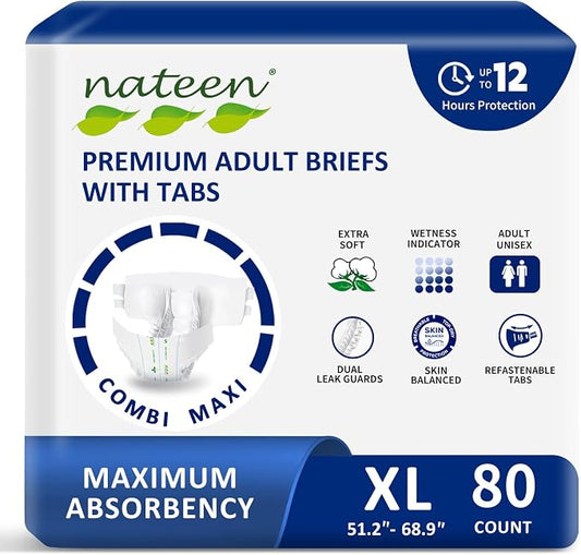 Nateen Combi Maxi Adult Diapers with Tabs for Men & Women, Maximum Absorbency Incontinence Briefs,Overnight Protection, Leakproof Disposable Adult Underwear. Extra-Large, 80Count