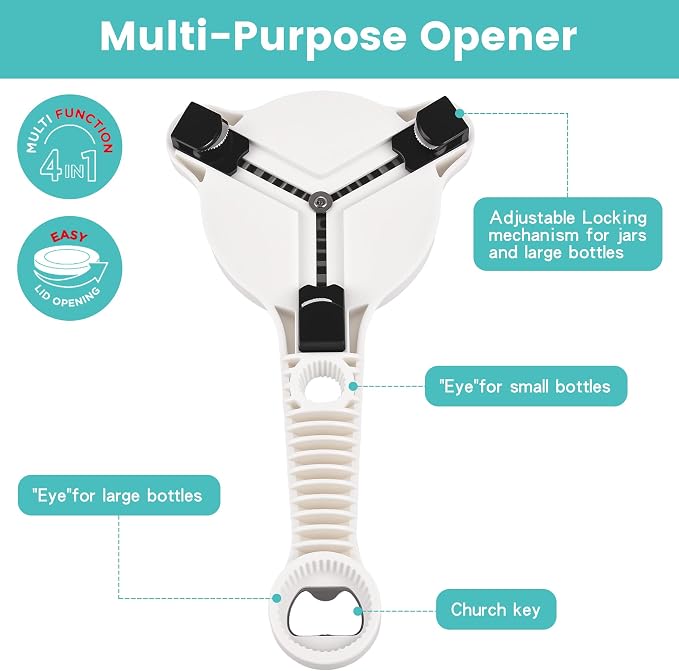 Jar Opener for Weak Hands, Seniors & Arthritis – Adjustable 4-in-1 Bottle & Can Opener with Non-Slip Pad – for Large Pickle Jars, Soda, Wine – Left-Handed & Kid-Friendly, Dishwasher Safe