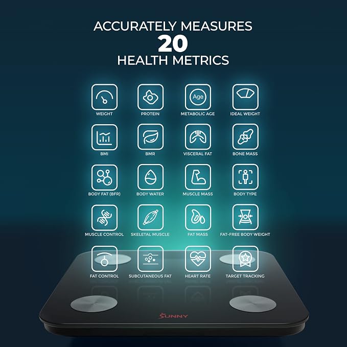 Sunny Health & Fitness 20 Metric Advanced Body Fat Composition BMI Scale with Health Tracker & Analyzer App - Smart Bathroom Scale for Body Weight, Metabolic Age, BMR, Fat Mass and More – SF-WS022063