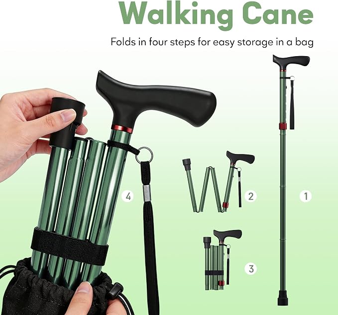 Foldable Walking Cane for Men & Women, Lightweight Aluminum Adjustable Cane with Ergonomic Handle, Non-Slip Rubber Base, Walking Sticks for Seniors Balance,Collapsible Cane for Assistance Travel
