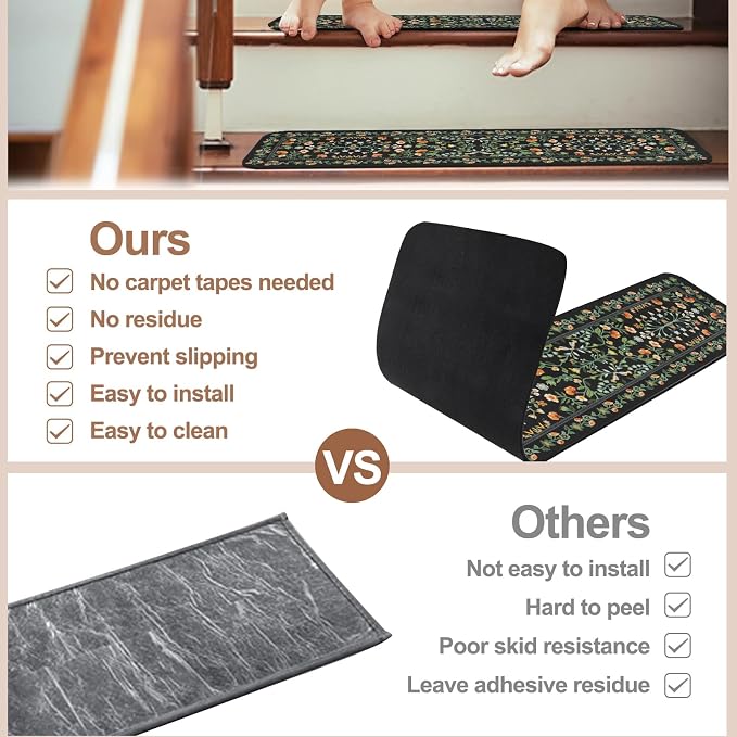 OJIA Floral Stair Treads Non-Slip Stair Runner for Wooden Steps Indoor 15PC | 30"x8" Carpet Stair Treads Stair Mats Staircase Step Treads for Kids, Elders and Dogs, Stair Covers, Black