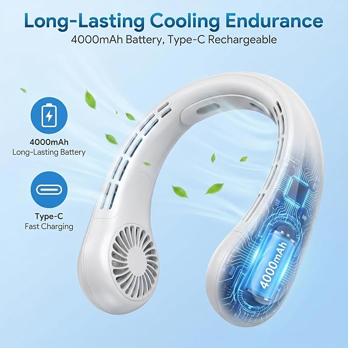 TREDY Neck Fan Portable Rechargeable, 4000mAh Battery Operated Wearable Personal Fan, 5 Speeds Bladeless Cooling Fan, Quiet Hands-Free Fan for Travel, Outdoor, Office