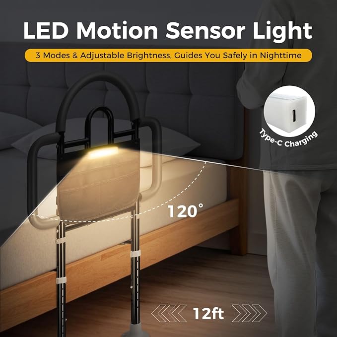 Bed Rails for Elderly Adults, 400lbs Load with Motion Sensor Light | ASTM Approved, 3-Sided Handle & Large Non-Slip Feet, Safety for Seniors, Adjustable Height Fits 14.57"-20.67" Bed Frame