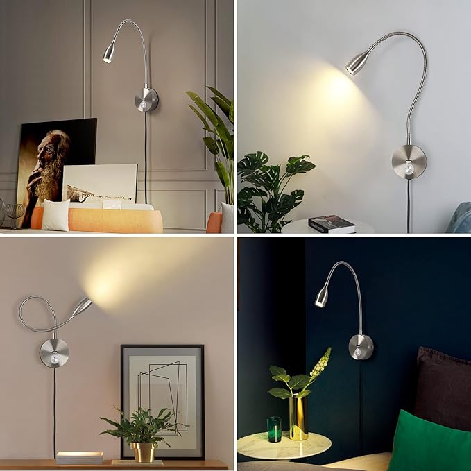 LED Wall Reading Light with USB Charging Port, Dimmable Gooseneck Bedside Lamp, Flexible Arm, 3W (Black, 120V Plug in, Warm White)