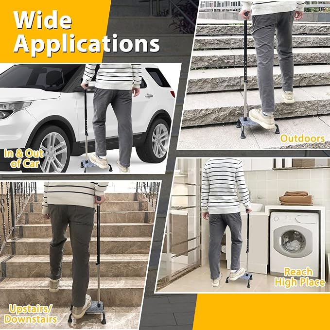 Stair Climbing Cane Half Steps for Stairs Lifts Seniors Elderly Stair Cane Walking Aids for Stability 4 Prong Base Adjustable Sticks Stair Helper Assist Devices Mobility Aids Equipment - Black