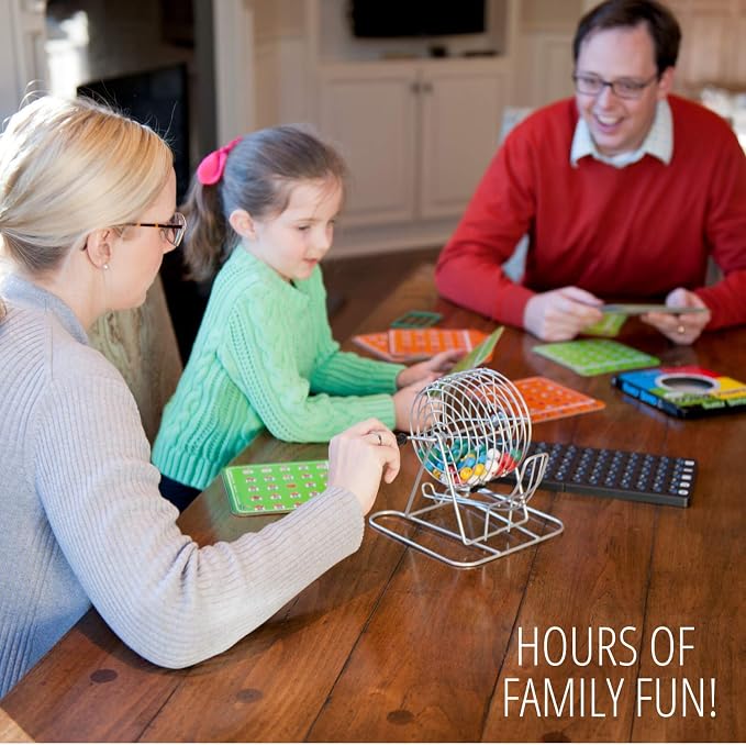 Regal Bingo Family Game Set for Adults and Kids - Includes 8 Inch Bingo Wheel Cage, 75 Balls, Master Board, 4 Shutter Slide Cards - Fun Family Bingo Night
