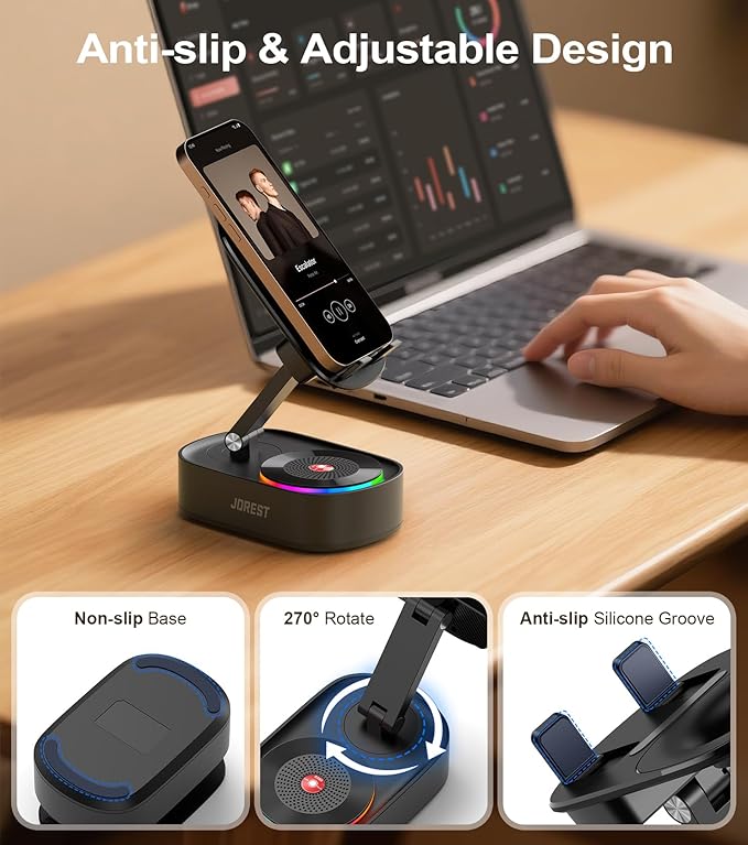 Jorest Wireless Induction Speaker with Phone Stand,Valentine's Gifts for Older Men Women Teenage Boy,Bluetooth Speakers with Desk Cell Holder, Foldable with iPhone/Ipad,Birthday Gift for Dad Father