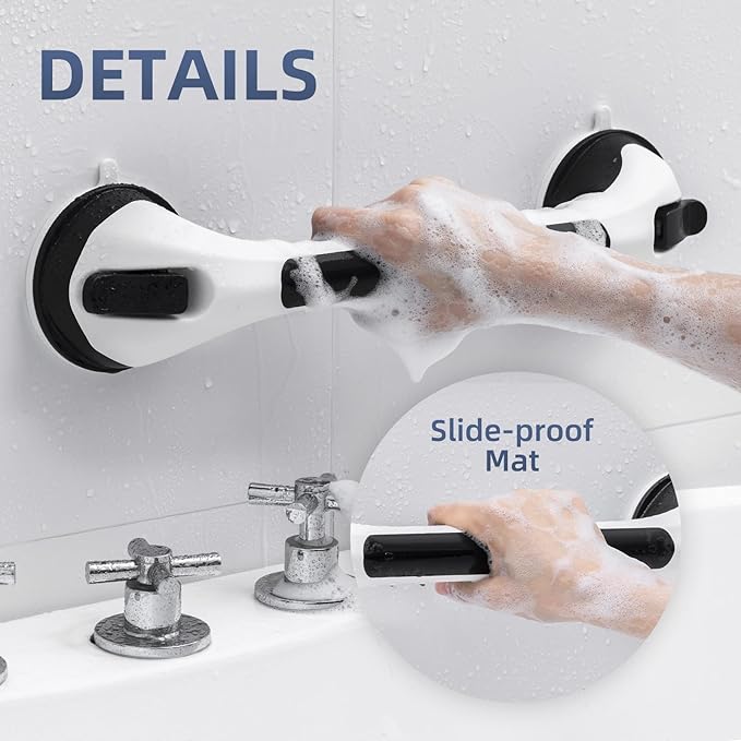 Grab Bars for Bathtubs and Showers Glow in The Dark, 17 inch Suction Grab Bar, Shower Handle Safety Grip Handrail for Seniors and Elderly, Removable Waterproof No Drilling, Black