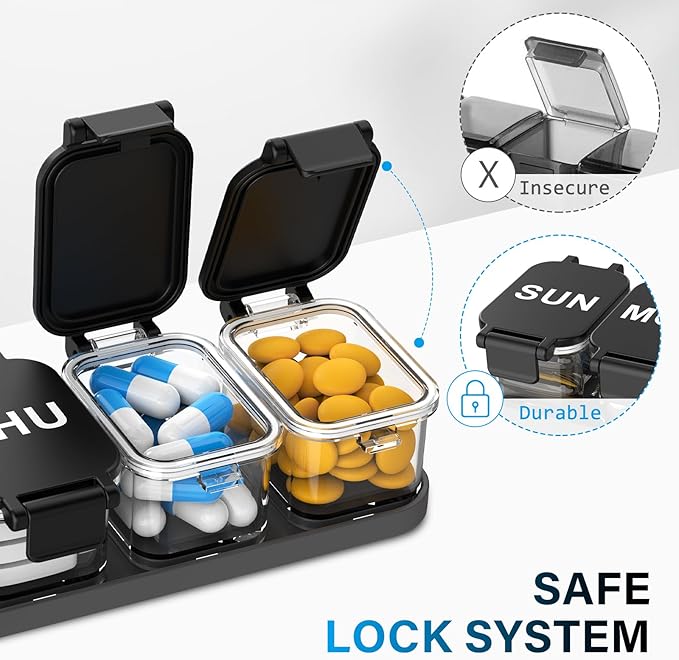 Extra Large Weekly Pill Organizer 7 Day - Portable Daily Pill Box with 7 Detachable Compartments, Vitamin Holder and Medicine Organizer for Supplements, Home and Travel, Black