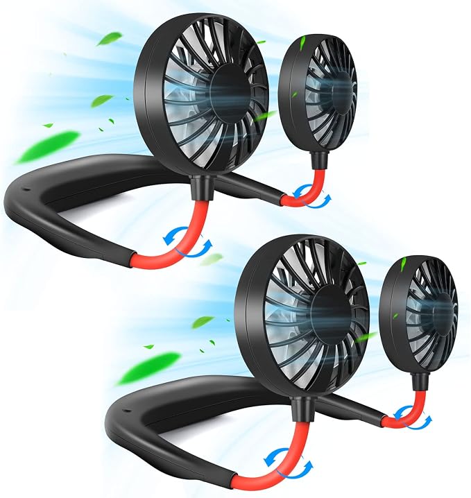 Portable Neck Fan Rechargeable Personal HandFree Fan Mini USB Wearable Neckband Sport Fan 3 Speed Adjustable 360 Degrees Free Rotation Perfect for Working Traveling Office Reading (Red Black 2 Pack)