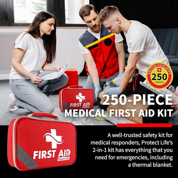 Protect Life First Aid Kit for Home & Business, 250 Pcs - Emergency Medical Kit for Camping & Hiking