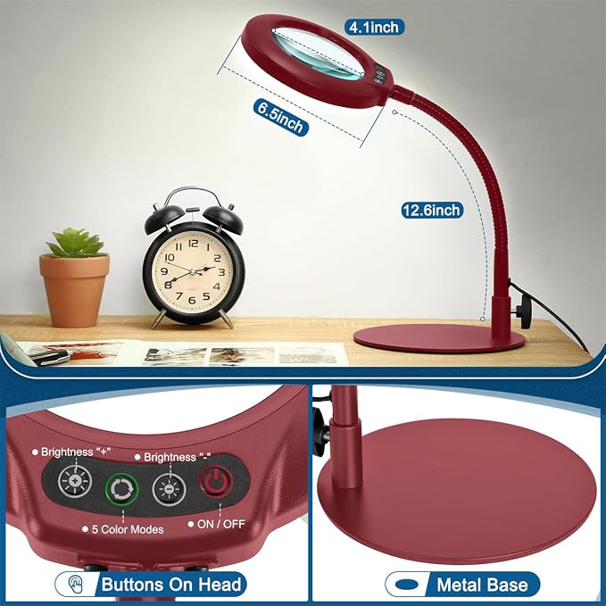 IVMAIE 12X Magnifying Glass with Light, Real Glass Lens, 5 Color Modes Dimmable, Flexible Gooseneck Lighted Magnifier with Stand, LED Desk Lamp Hands Free for Crafts Painting Reading Close Work, Red