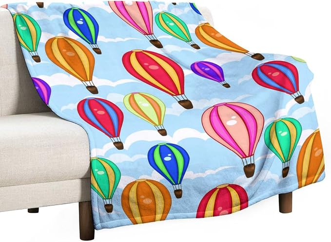 Cartoon Hot Air Balloon Blanket 60"x80" - Ultra Soft Flannel Throw for Adults & Kids - Playful Cloud & Balloon Print - Lightweight Plush Blanket for Bed, Sofa & Home Decorations