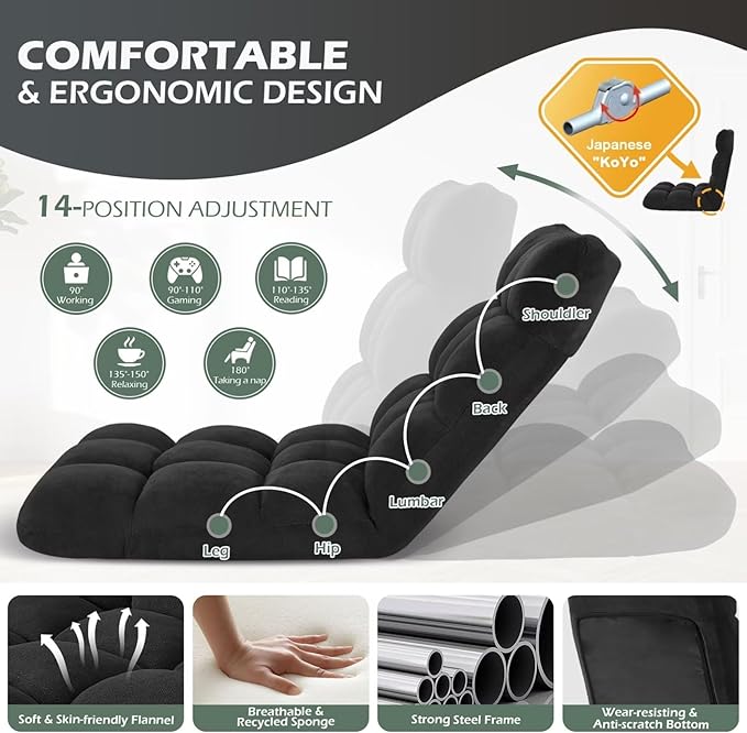 Folding Floor Gaming Chair, 14-Position Adjustable Backrest, Skin-Friendly Flannel & Aluminum Alloy Frame, Ideal for Reading, Gaming, Sleeping, Black