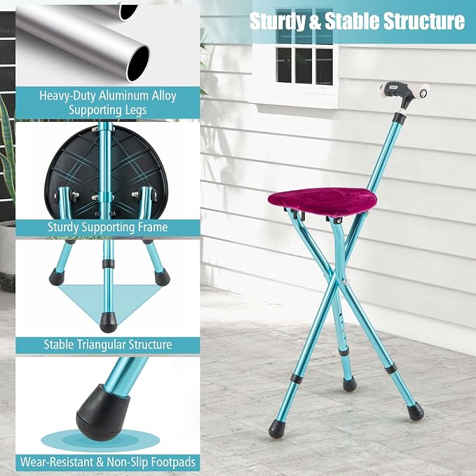 Goplus Walking Cane with Seat, Heavy Duty Aluminum Alloy Crutch Chair with LED Light and Retractable 3 Legs, Portable Anti-Slip Seat Cane, Lightweight Walking Stick for Seniors Elderly