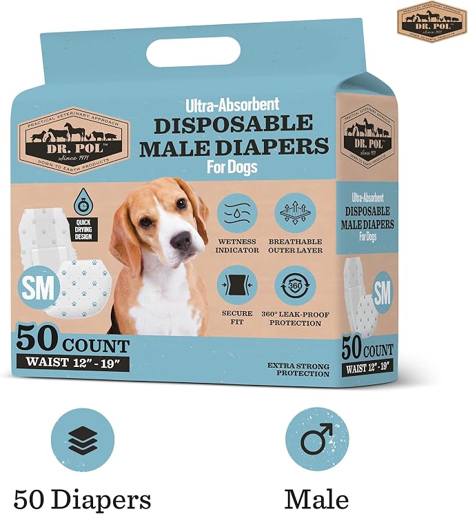 Dr. Pol Male Dog Diapers, Belly Bands, Small (12–19" Waist), 50 Count