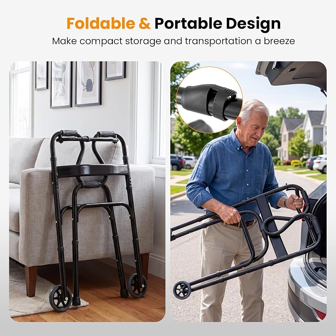 Goplus 3-in-1 Stand-Assist Folding Walker with 5" Wheels, Heavy Duty Walking Mobility Aid Supports up to 220lbs, Can be Used as Toilet Safety Rail, Narrow Drive Walkers for Seniors Elderly Adult