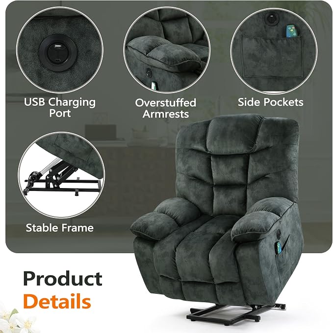 HAOMARKETS Oversized Power Lift Recliner with Massage and Heat for Elderly, Electric Lifting Reclining Chair with Side Pockets and USB Port for Living Room, Dark Green