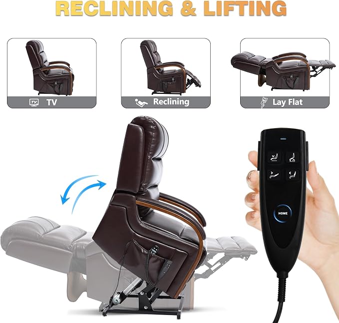 Trustyue Power Lift Recliner Chair, 180° Lay Flat Recliner, Lift Chair with Massage and Heat, Standing Assistance, Living Room Chair for Elderly People(Faux Leather Dark Brown)