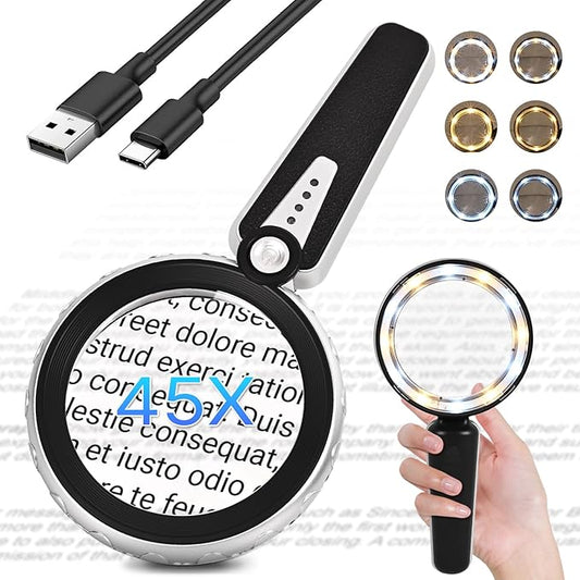 45X Magnifying Glass with Light, 4.6-Inch 1200mAh USB Rechargeable, 6 Color Modes for Low Vision Seniors, Reading, Jewelry & Coin Appraisal - Black Silver