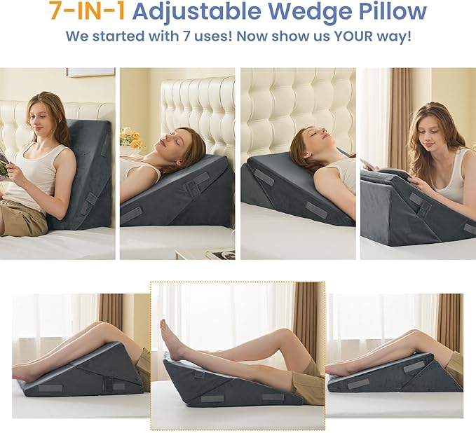 Sasttie Wedge Pillow for After Surgery, Adjustable Bed Wedge Pillow Headboard for Acid Reflux, Sleeping, Neck & Back Support, with Removable Cover, Dark Grey & Velvet