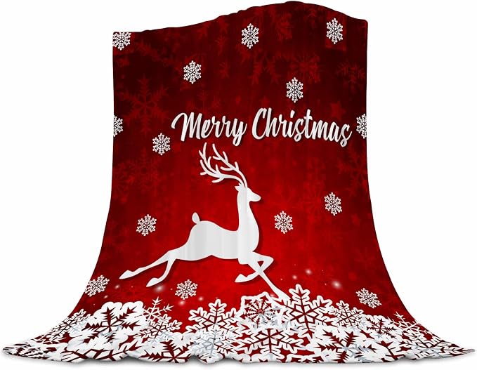Merry Christmas Red Flannel Fleece Throw Blanket - White Snowflake Printed, Soft Plush for Bedroom, Couch, Sofa - 30"x40"