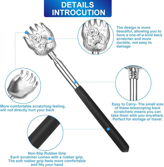 Oversized Back Scratcher Set, 2 Pack Portable Extendable Stainless Steel Telescoping Massage Tool, Gift/Stocking Stuffers for Men Women