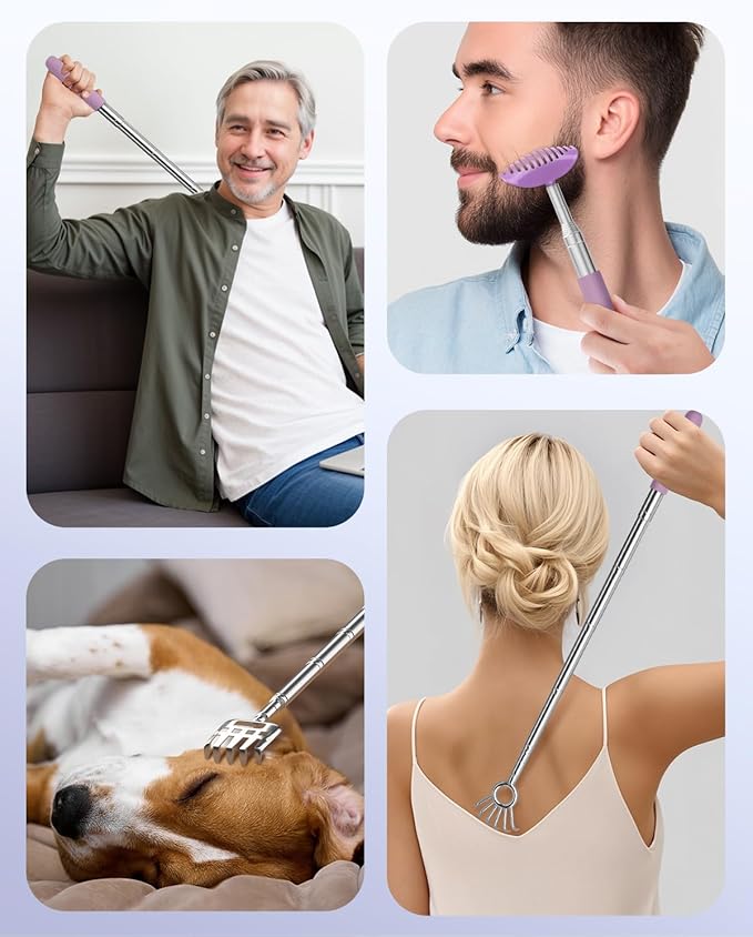 Telescoping Back Scratcher with 5 Detachable Heads, Gift for Men Dad Purple | 10-31'' Reach,Stainless Steel, Non-Slip Grip, Birthday Gifts for Men Women, Christmas Stocking Stuffers, White Elephant Gifts