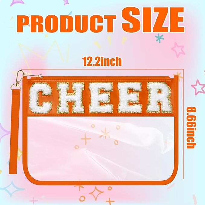 BuyCard Cheer Chenille Letter Bags Clear Makeup Bag, Cheerleader Gifts Cosmetic Bag, Varsity Preppy Patch Flat Pouch Cheer Accessories, Waterproof PVC Organizer Toiletry Bag for Women Girls Orange