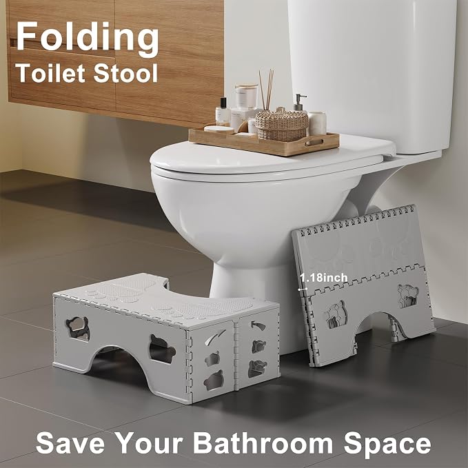2 Pack Foldable Toilet Poop Stool Adult, Portable Squatting Potty Stools for Travel, 7 Inch Toilet Stool Squat Adults, Lightweight Bathroom Step with Anti- Slip Feet, Gray