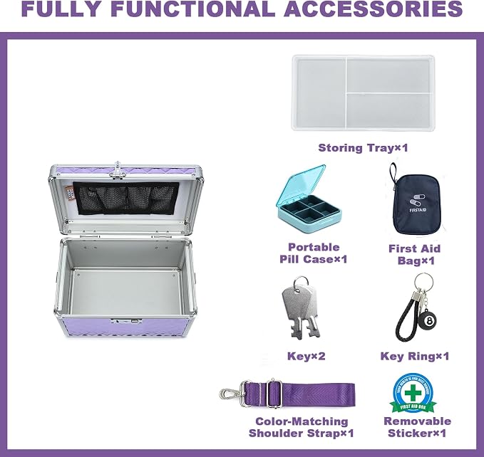 Storage Box with Key Lock, Lockable Medicine Storage Box, Empty First Aid Box, Security Lock Box, Multipurpose Locking Box for Home and Outdoor Use (Purple, Medium)