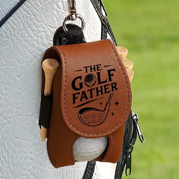 Wrappiness The Golf Father Golf Ball Bag - Golfer Accessories for Men Premium Leather Holder with Clip - Custom Golf Tee Pouch Unique Gift for Dad