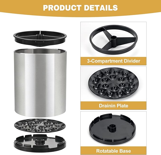 2Pack Kitchen Utensil Holder Set - 360° Rotating Stainless Steel Large Cooking Utensil Stand for Counter, 3 Compartment Flatware Caddy with Removable Base for Knife, Fork & Spoon Organizer - Sliver