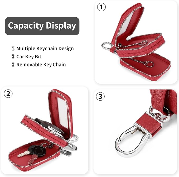 SENDEFN Car Key Fob Case Double Zipper Leather Smart Remote Keychain Protector Holder with Transparent Window