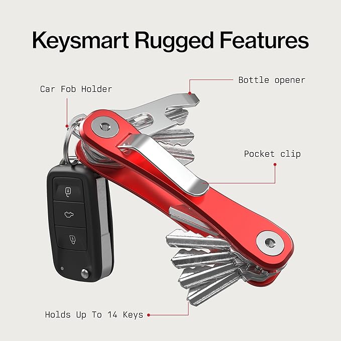 KeySmart Rugged Keychain Multitool Key Holder, Up to 14 Keys | Key Organizer for EDC. Expandable, Durable Build, Reduces Key Chain Bulk & Jingle, Pocket Clip & Bottle Opener Included